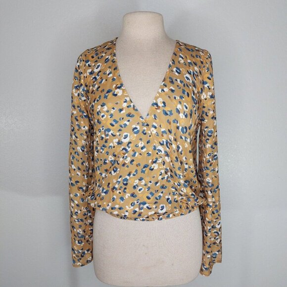 Sadie & Sage Tops - Sadie & Sage Blouse Women Medium Camel Brown Blue Boho Plunge V Neck Flare